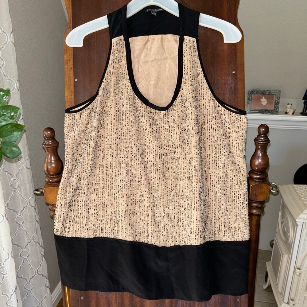 EILEEN FISHER Sequin Rivulet Silk Crepe de Chine BLACK ROSEWATER Top Large EUC